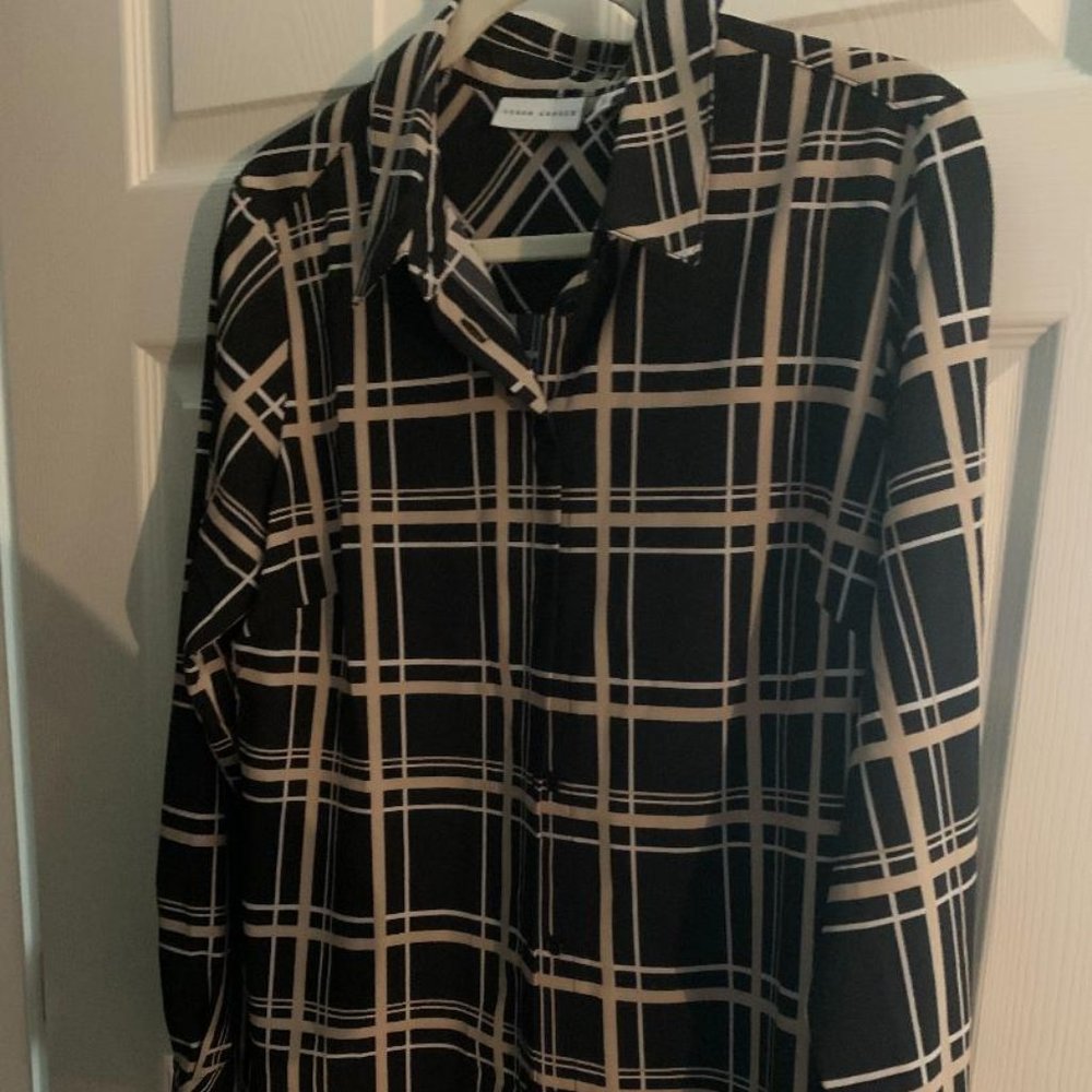 Susan Graver Black Printed Stretch Woven Button Front Tunic Shirt Blouse Size M
